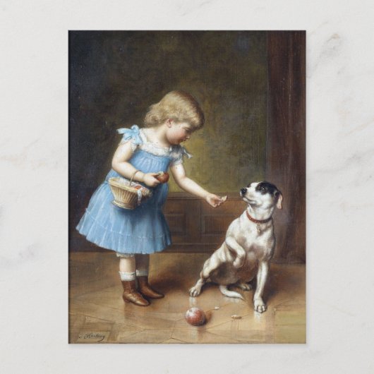 Junge Mädchen Fütterte einen Hund von Carl Reicher Postkarte (Vorderseite)