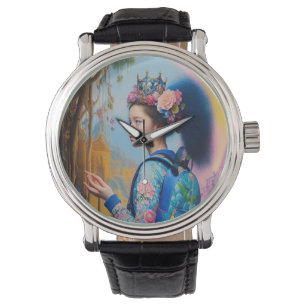 Junge Mädchen im Wald mit Rucksack Armbanduhr