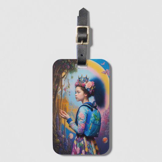 Junge Mädchen im Wald mit Rucksack Gepäckanhänger (Vorderseite Vertikal)