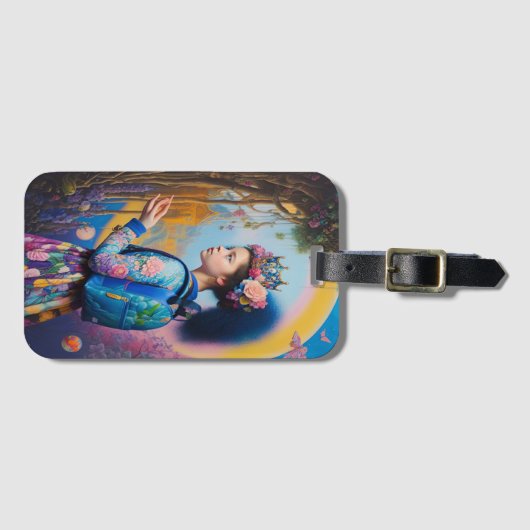 Junge Mädchen im Wald mit Rucksack Gepäckanhänger (Vorderseite (Horizontal))