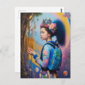 Junge Mädchen im Wald mit Rucksack Postkarte (Vorne/Hinten)