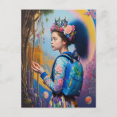 Junge Mädchen im Wald mit Rucksack Postkarte (Vorderseite)