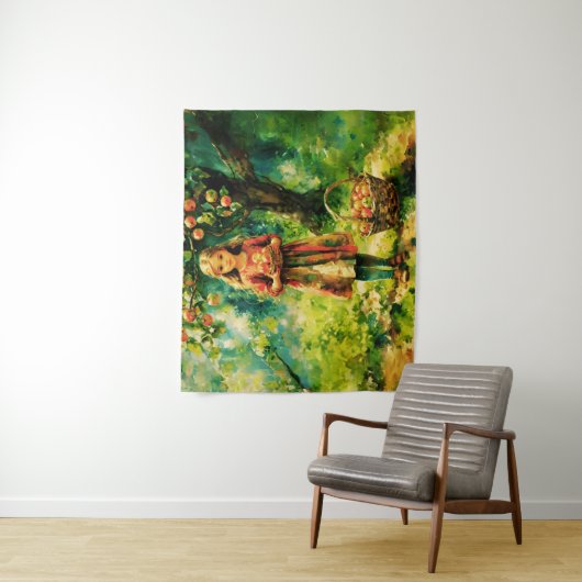 Junge Mädchen in einem Apfelgarten Wandteppich (Beispiel)