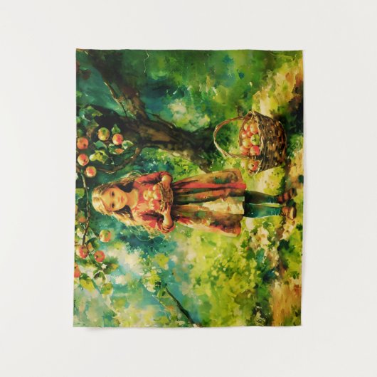 Junge Mädchen in einem Apfelgarten Wandteppich (Vorderseite)