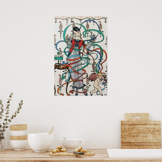 JUNGE MÄDCHEN MIT FARBEN RIBBON-WIRBEL UND KUPID POSTER (Küche)