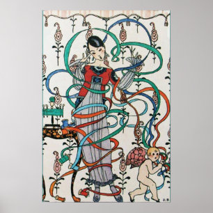 JUNGE MÄDCHEN MIT FARBEN RIBBON-WIRBEL UND KUPID POSTER