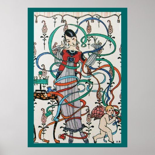 JUNGE MÄDCHEN MIT FARBEN RIBBON-WIRBEL UND KUPID POSTER (Vorne)