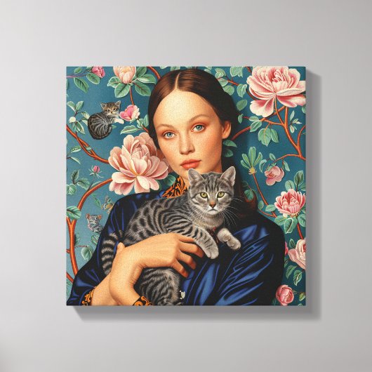 Junge Mädchen mit grauer Katzenkunst Leinwanddruck (Vorderseite)