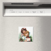 Junge Mädchen mit Weihnachtsgeschenken Vintages Ma Magnet (In Situ (Geschirrspüler))