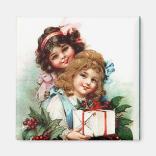 Junge Mädchen mit Weihnachtsgeschenken Vintages Ma Magnet
