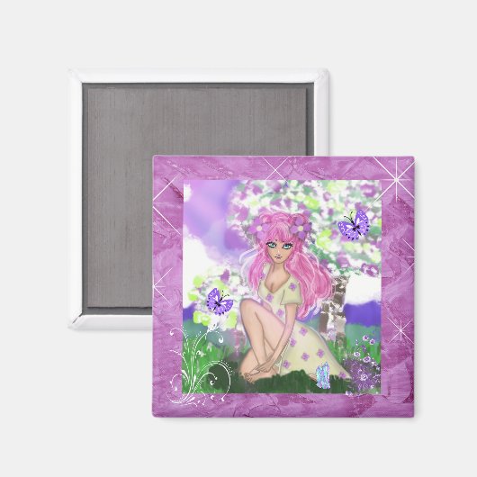 Junge Mädchen sitzen mit Blume 0 Magnet (Vorderseite/Rückseite)