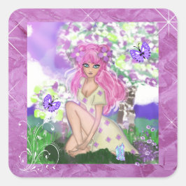 Junge Mädchen sitzen mit Schmetterlingskleber Quadratischer Aufkleber