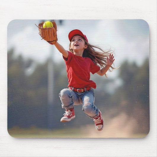 Junge Mädchen springen, um einen Softball zu fange Mousepad (Vorne)