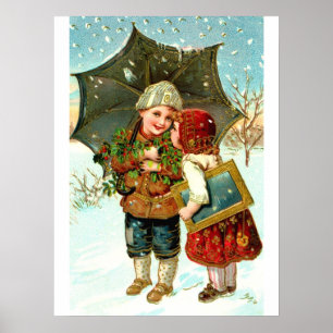 Junge, Mädchen und Regenschirm Poster