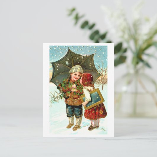 Junge, Mädchen und Regenschirm Postkarte (Stehend Vorderseite)