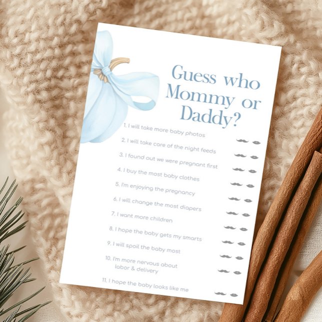 Junge Minimalist Kürbis Errate wer Mami oder Papi  (Blue Bow Pumpkin Baby Shower Guess Who Mommy or Daddy Game)
