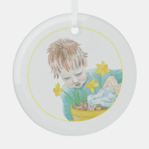 Junge mit Daffodien Ornament Aus Glas