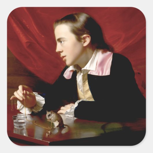 Junge mit Eichhörnchen Quadratischer Aufkleber (Vorderseite)