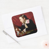 Junge mit Eichhörnchen Quadratischer Aufkleber (Umschlag)