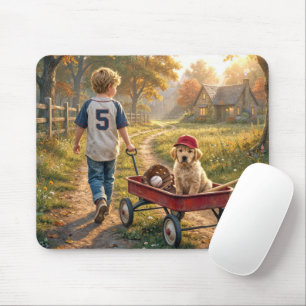Junge mit einem roten Wagen und Golden Retriever-W Mousepad