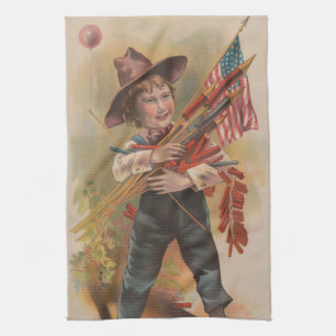 Junge mit Feuerwerk, Amerikanische Flagge, Patriot Geschirrtuch