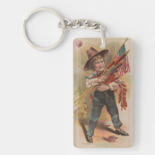 Junge mit Feuerwerk, Amerikanische Flagge, Patriot Schlüsselanhänger