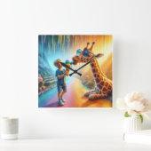 Junge mit Giraffe Quadratische Wanduhr (Zuhause)