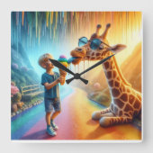 Junge mit Giraffe Quadratische Wanduhr (Vorderseite)