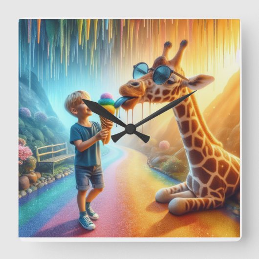 Junge mit Giraffe Quadratische Wanduhr (Vorderseite)