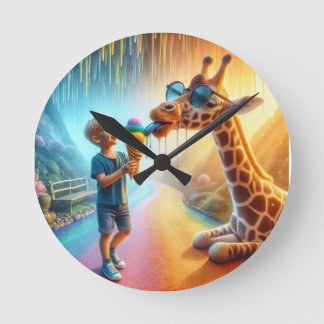 Junge mit Giraffe Runde Wanduhr