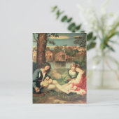 Junge mit Gitarre und zwei Mädchen sitzen Postkarte (Stehend Vorderseite)