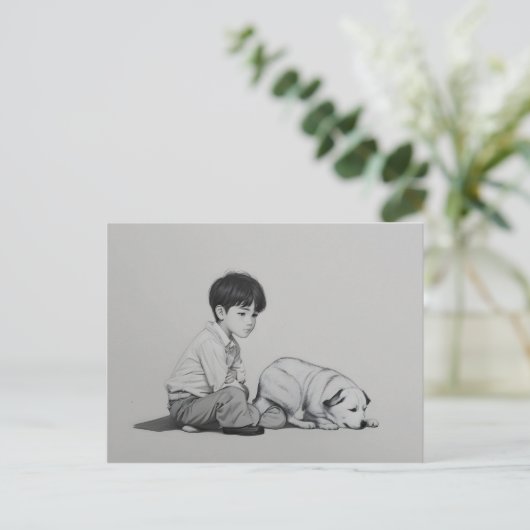 Junge mit Hundekunst Postkarte (Stehend Vorderseite)