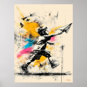 Junge mit Paper Flugzeug - Street Art Graffiti Pos Poster