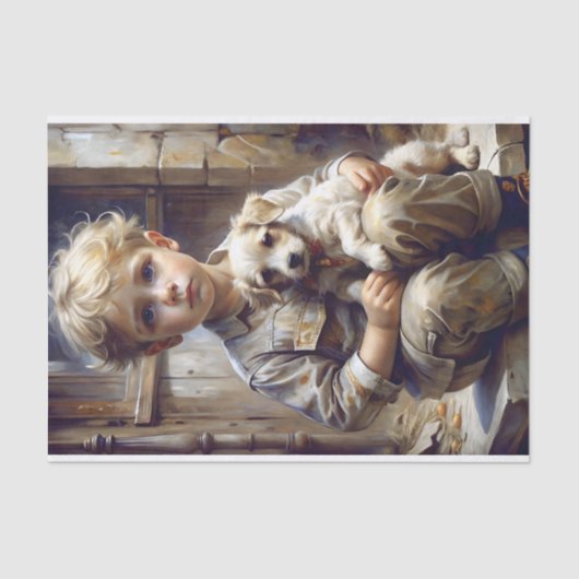 Junge mit Puppy-Decoupage Seidenpapier (Vorderseite)