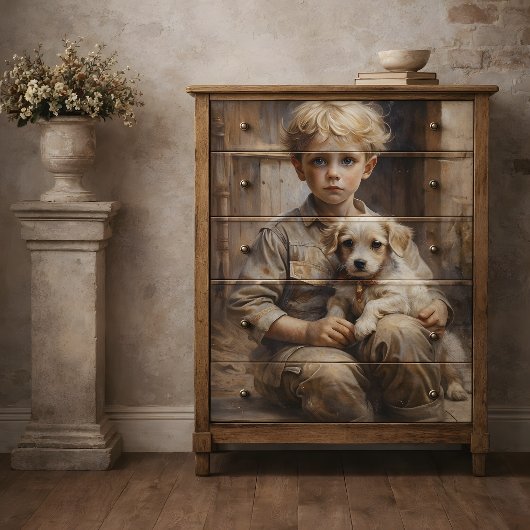 Junge mit Puppy-Decoupage Seidenpapier