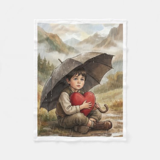 Junge mit Regenschirm und rotem Herz Kuschel-Fleec Fleecedecke (Vorderseite)
