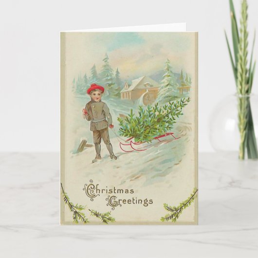 Junge mit Schlitten-Weihnachtskarte Feiertagskarte (Vorderseite)