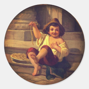 Junge mit Spaghetti von Julius Moser (c. 1808) Runder Aufkleber