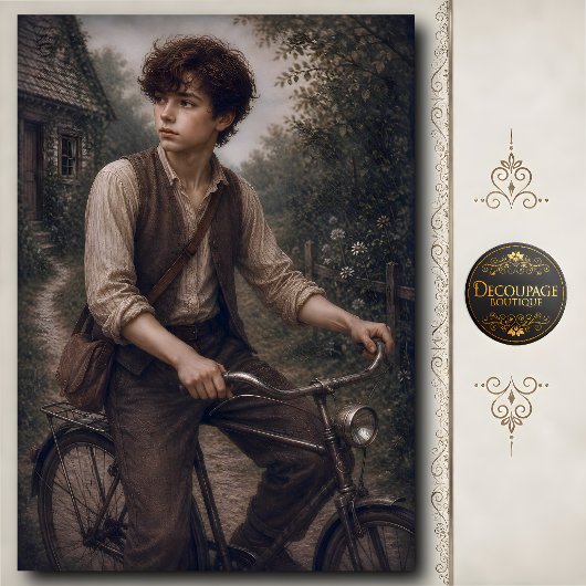 Junge mit Vintage-Fahrrad-Dekupage Seidenpapier
