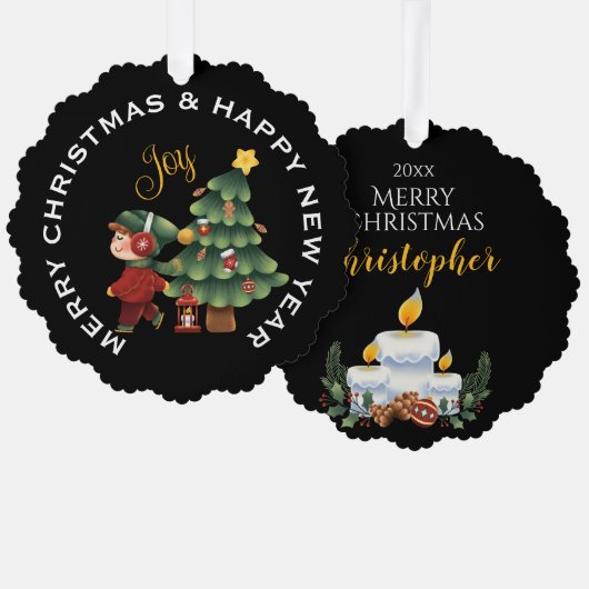 Junge mit Weihnachtsbaum, PERSONALISIERT Ornament Karte (Vorderseite/Rückseite)