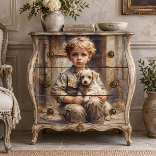 Junge mit Welpen-Decoupage Seidenpapier