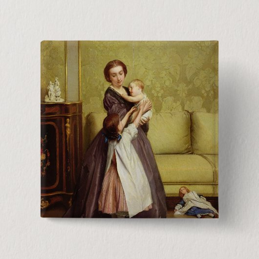 Junge Mutter mit ihren Kindern in einem Salon Button (Vorderseite)