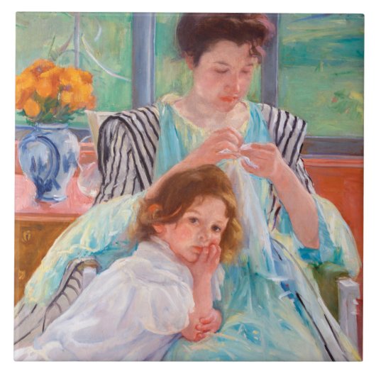Junge Mutter Nähen, Mary Cassatt Fliese (Vorderseite)