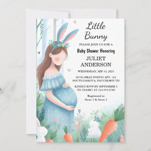 Junge Mutter zu Ear Hop Blue Pink Bunny Baby Dusch Einladung (Vorderseite)