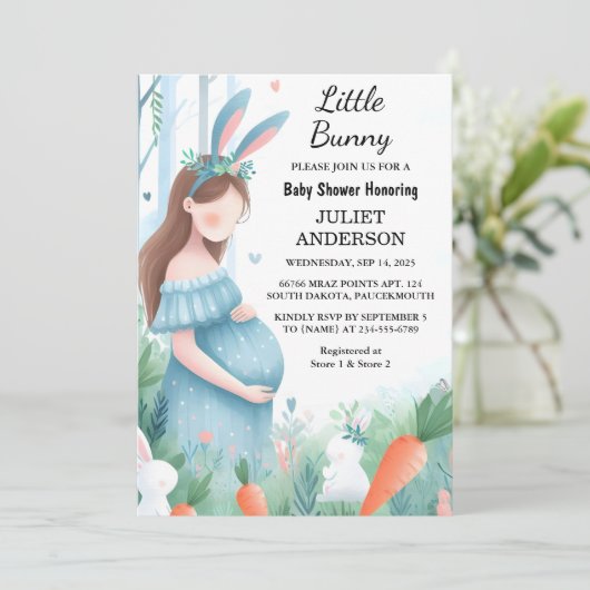 Junge Mutter zu Ear Hop Blue Pink Bunny Baby Dusch Einladung (Stehend Vorderseite)