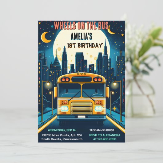 Junge Niedliche Girl Tour City Party Bus 1. Geburt Einladung (Stehend Vorderseite)
