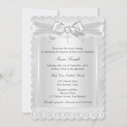 Junge oder Girl White Lace Cross Taufe Foto Einladung (Vorderseite)