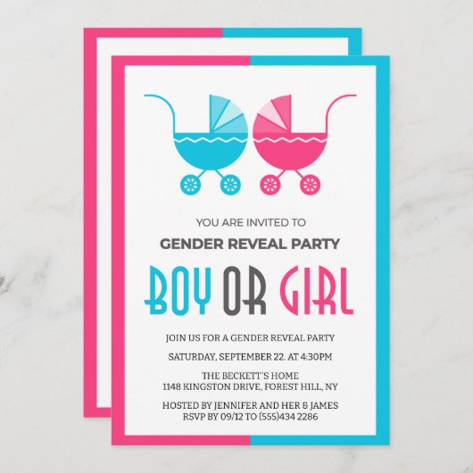 Junge oder Mädchen Baby Stroller Twins Geschlechts Einladung (Vorne/Hinten)