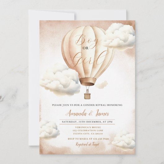 Junge oder Mädchen Beige Heißluftballon Geschlecht Einladung (Vorderseite)