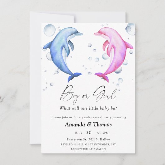 Junge oder Mädchen - Delphin - Nautische Geschlech Einladung (Vorderseite)